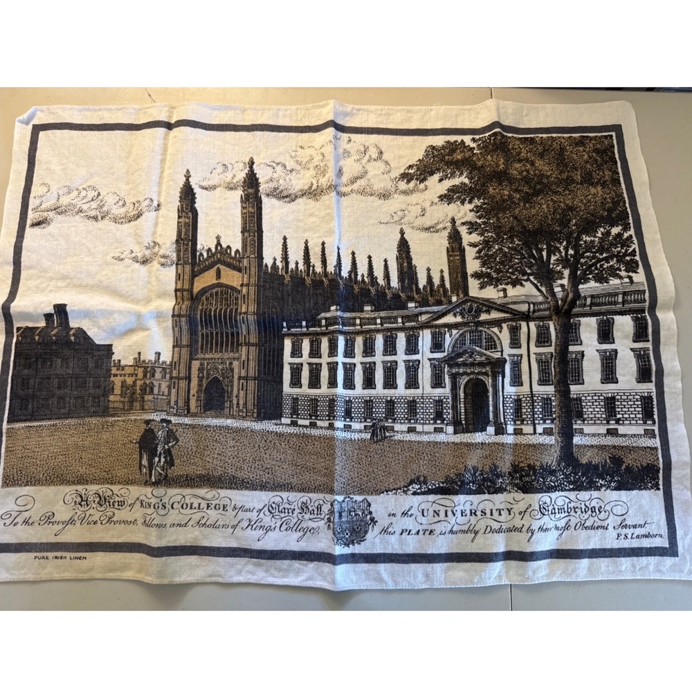 Vintage Pure Irish Linen Tea Towel Kings College University of Cambridge Print